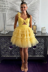 Cute Yellow One Shoulder Lace Up Short Tulle Homecoming Dress